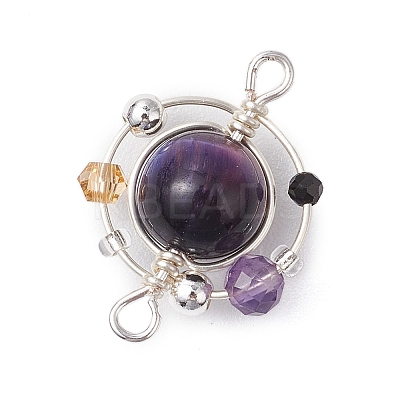 4Pcs 4 Colors Natural Tiger Eye(Dyed/Undyed) Copper Wire Wrapped Planet Connector Charms PALLOY-TA00181-1