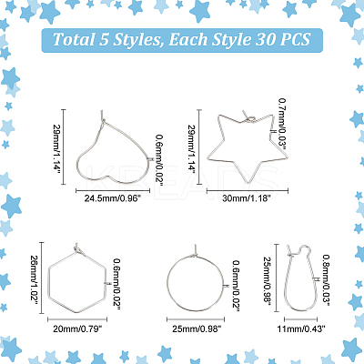 150Pcs 5 Style 304 Stainless Steel Hoop Earring Findings STAS-UN0050-92-1