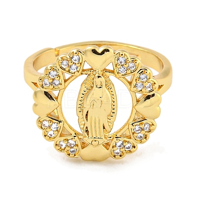 Flat Round with Saint & Heart Rack Plating Brass Micro Pave Cubic Zirconia Adjustable Rings RJEW-I105-04G-10-1