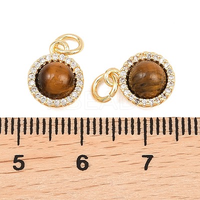 Natural Tiger Eye Round Charms with Brass Micro Pave Clear Cubic Zirconia Settings KK-H538-16G-1