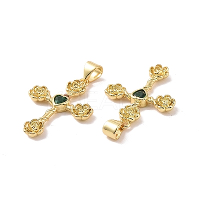 Cross with Flower Brass Micro Pave Cubic Zirconia Pendants KK-G435-06G-01-1