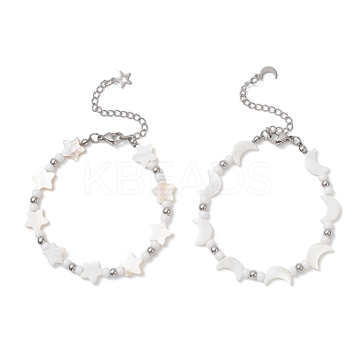 2Pcs Natural White Shell Star & Moon Link Bracelets BJEW-JB13283-1