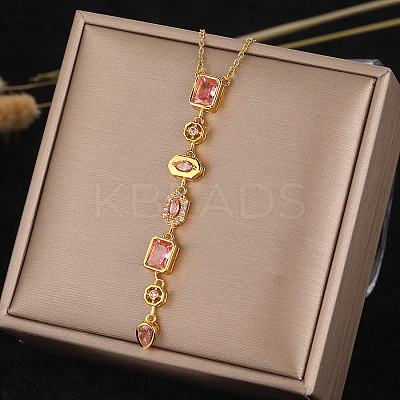 304 Stainless Steel Pave Cubic Zirconia Rectangle Oval Drop Pendant Long Tassel Necklaces FS-WGDB594-04-1