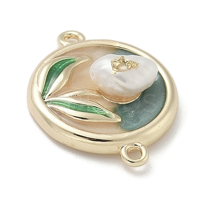 Brass Enamel Flat Round with Rose Connector Charms KK-M308-01G-02-1