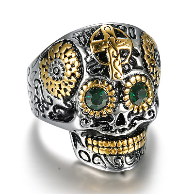 Two Tone 316 Surgical Stainless Steel Skull with Cross Finger Ring SKUL-PW0002-033B-GP-1