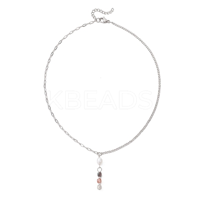 Natural & Synthetic Mixed Stone Faceted Cube & Rice Natural Pearl Beaded Pendant 304 Stainless Steel Cable Chain Twisted Chain Necklaces NJEW-JN05846-1