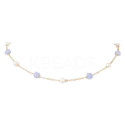 Synthetic Blue Lace Agate Star & Natural Freshwater Pearl & Brass Link Chain Necklaces NJEW-JN05687-02-1