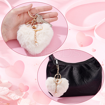 Fibre Heart Pom Pom Ball Keychain KEYC-WH0027-126A-1