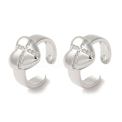 Rack Plating Brass Micro Pave Clear Cubic Zirconia Heart with Cross Cuff Earrings for Women EJEW-P280-21P-1