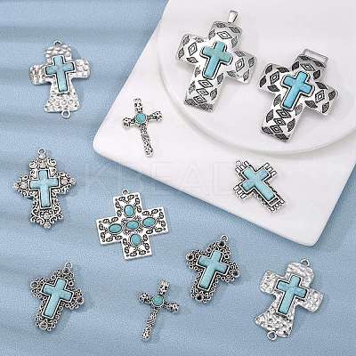 16 Pieces Turquoise+Alloy+Zircon Pendant Vintage Turquoise Cross Pendant Alloy Accessories DIY Necklace Accessories(8 styles) JX640A-1