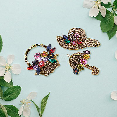 3Pcs 3 Style Colorful Rhinestone Umbrella & Hat & Flower Basket Brooch Pin JEWB-FH0001-13-1