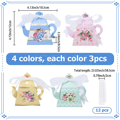 12Pcs 4 Styles Flower Printed 3D Teapot Shaped Paper Candy Gift Boxes with Ribbon DIY-SP0006-38-1