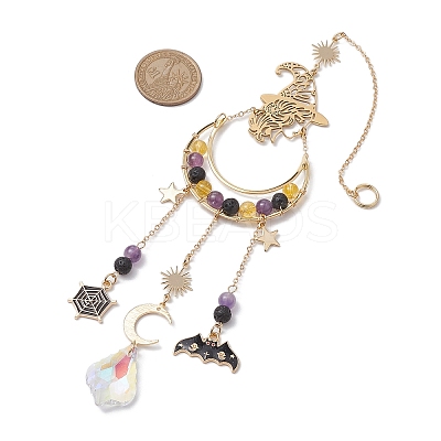 Halloween Natural Amethyst & Lava Rock & Synthetic Citrine Beads & Metal Witch & Moon Hanging Ornaments HJEW-TA00251-1
