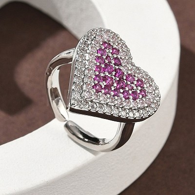 Heart Brass Micro Pave Cubic Zirconia Cuff Rings for Women RJEW-A069-12P-1