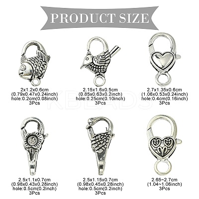 18Pcs 6 Styles Tibetan Style Zinc Alloy Lobster Claw Clasps FIND-YW0004-52-1