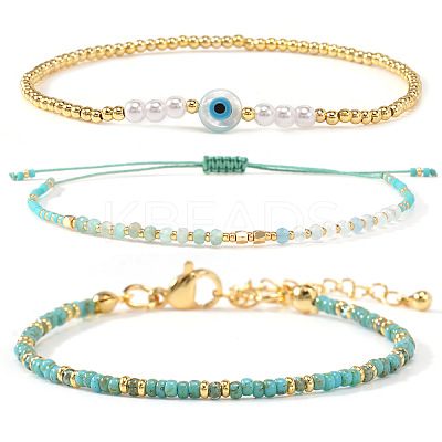 3Pcs 3 Styles Brass & Glass & Natural Green Aventurine Beaded Braclet Set WN5918-1-1