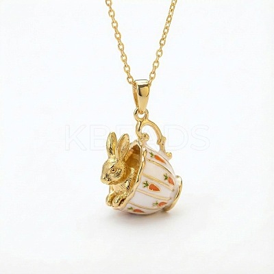 Brass Enamel Cup with Rabbit Fox Pendant Cable Chain Necklaces for Women WG20AE5-01-1