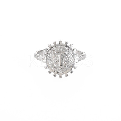 Non-Tarnish 304 Stainless Steel Flat Round with Initial Letter Open Cuff Ring for Men Women RJEW-S405-246P-T-1
