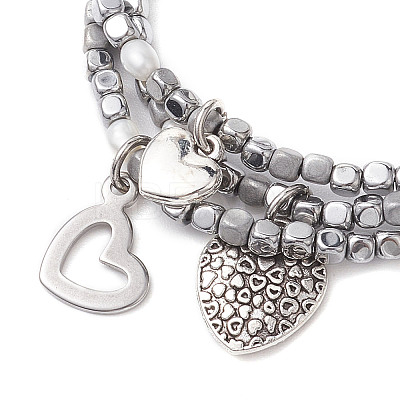 Cube Electroplated Synthetic Non-magnetic Hematite & Natural Pearl Multi-strand Beaded Bracelets BJEW-JB10571-1