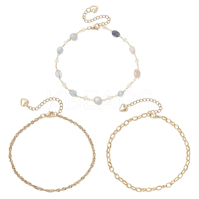 Natural Labradorite Nuggets & 304 Stainless Steel Link Chain 3 Layer Anklets for Women AJEW-AN00743-03-1