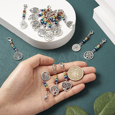 20Pcs 5 Styles Alloy Heart/Flat Round with Tree of Life Pendant Decorations HJEW-TA0001-22-1