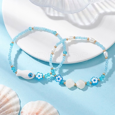 2Pcs Glass with ABS Imitation Pearl Acrylic Beaded Bracelets for Women BJEW-MZ00293-1