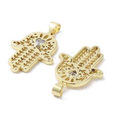 Rack Plating Hamsa Hand Brass Micro Pave Cubic Zirconia Pendants KK-E102-13G-1