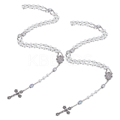 2Pcs White Round Glass Pearl Rosary Bead Necklaces NJEW-GO0001-13-1
