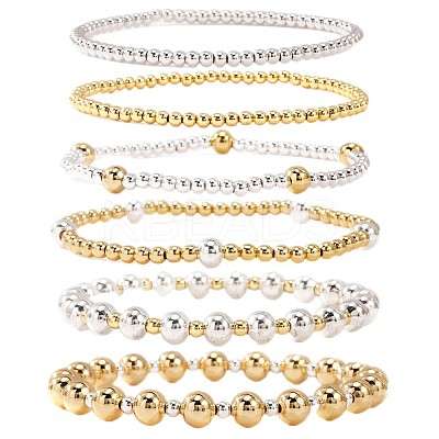 6Pcs 6 Styles Fashion Brass Women's Round Beaded Stretch Bracelet Sets for Layered and Versatile Styles XF3588-2-1