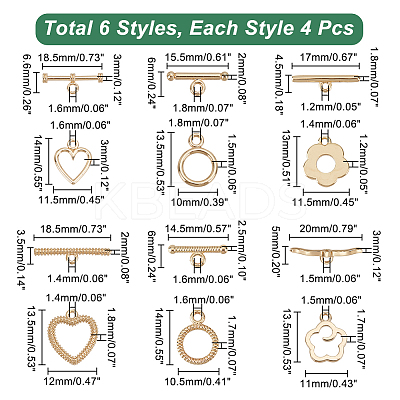 24Pcs 6 Styles Rack Plating Brass Toggle Clasps KK-DC0001-45-1