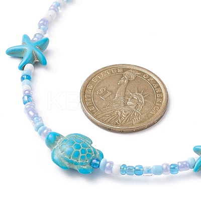 Synthetic Turquoise Starfish & Turtle & Seed Beaded Necklace for Women NJEW-JN04482-01-1