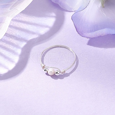 Copper Wire Wrapped Natural Cultured Freshwater Pearl Beads Finger Rings for Women RJEW-JR00775-02-1