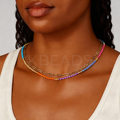 Stainless Steel & Brass & Colorful Resin Beaded Double-layer Necklaces for Women SE1953-1