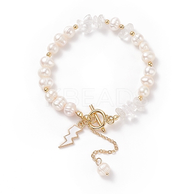 Natural Mixed Stone Chips & Pearl Beaded Bracelet with Enamel Lighting Bolt Charms BJEW-JB08332-M-1