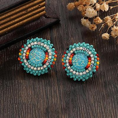 Bohemian Style Vintage Colorful Glass Seed Bead & Rhinestone Beaded Stud Earrings VY5957-1-1