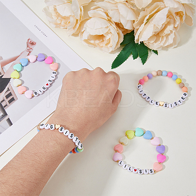 4Pcs 4 Styles Word Big Little Sis Acrylic Heart Beaded Stretch Bracelets Set BJEW-FI0001-54-1