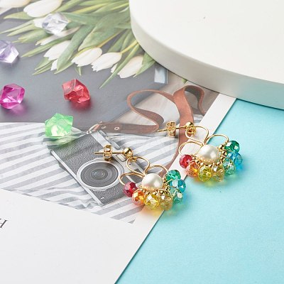 Flower Colorful Glass Beads Dangle Earrings for Girl Women EJEW-TA00010-1
