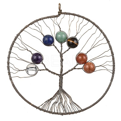 Rack Plating Copper Wired Natural Quartz Crystal & Amethyst & Lapis Lauli & Green Aventurine & Red Aventurine & Red Jasper & Tiger Eye Chakra Big Pendants G-P552-02R-1