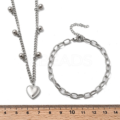 Heart 304 Stainless Steel Double Necklaces & Bracelets Sets for Women SJEW-F226-03P-1