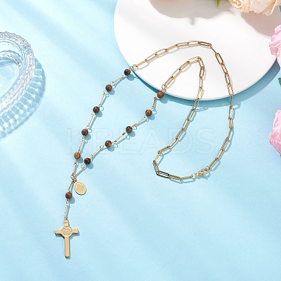 Natural Tiger Eye Round Rosary Bead Necklaces NJEW-JN05574-02-1