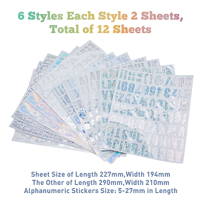 12 Sheets 6 Style Rectangle with Number & Letter Holographic Laser Style Vinyl Stickers STIC-FH0001-01-1