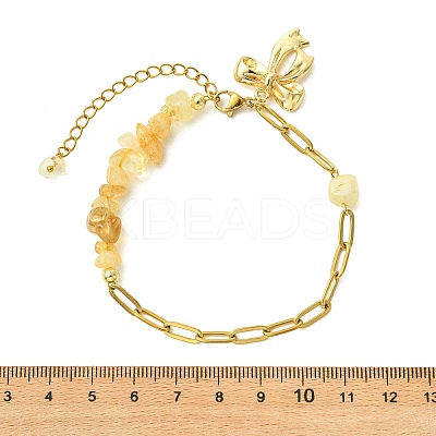 Heated Natural Citrine Chip Beads 304 Stainless Steel Paperclip Chain Bracelets with Alloy Bowknot Charms BJEW-JB14187-02-1