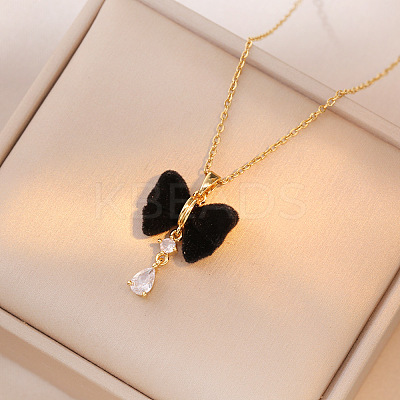 Christmas 304 Stainless Steel Rhinestone and Flocking Fabric Bowknot Pendant Necklaces for Women FS-WGD2A9A-01-1