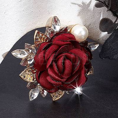 Cloth Rose with Crystal Rhinestone Brooch Pin JEWB-WH0028-12LG-1