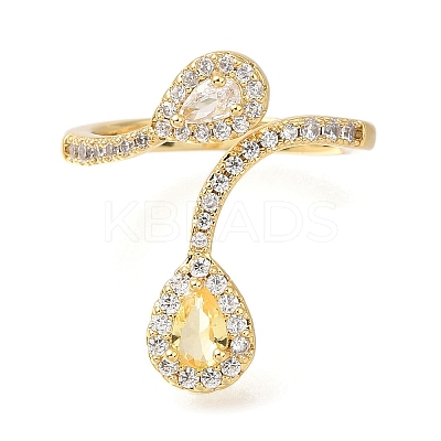 Teardrop Rack Plating Brass Micro Pave Cubic Zirconia Open Cuff Rings for Women RJEW-M022-34G-1