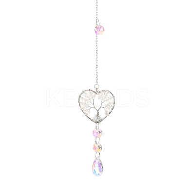 Wire Wrapped Natural Quartz Crystal Heart with Tree of Life Pendant Decorations HJEW-K046-02P-04-1