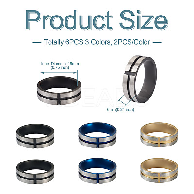 6Pcs 3 Colors Stainless Steel Plain Band Rings RJEW-CF0001-02-1