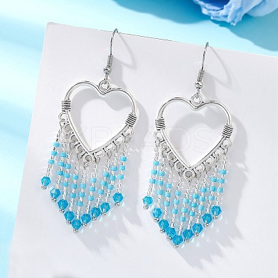 Hollow Heart Alloy & Glass Seed Beads Tassel Chandelier Earrings EJEW-MZ00685-01-1