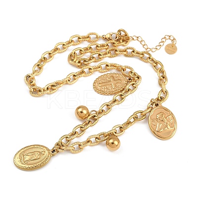 304 Stainless Steel Oval with Virgin Cross Pendant Necklaces for Women NJEW-A050-01G-1