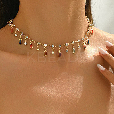 Brass Colorful Rhinestone Rainbow Rectangle Tassel Choker Necklaces for Women WG894E5-01-1